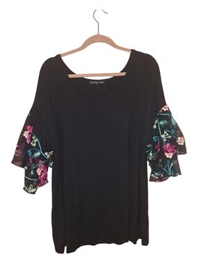 2X Kim & Cami Black Top with Multicolor Floral Embroidered Ruffle Sleeves